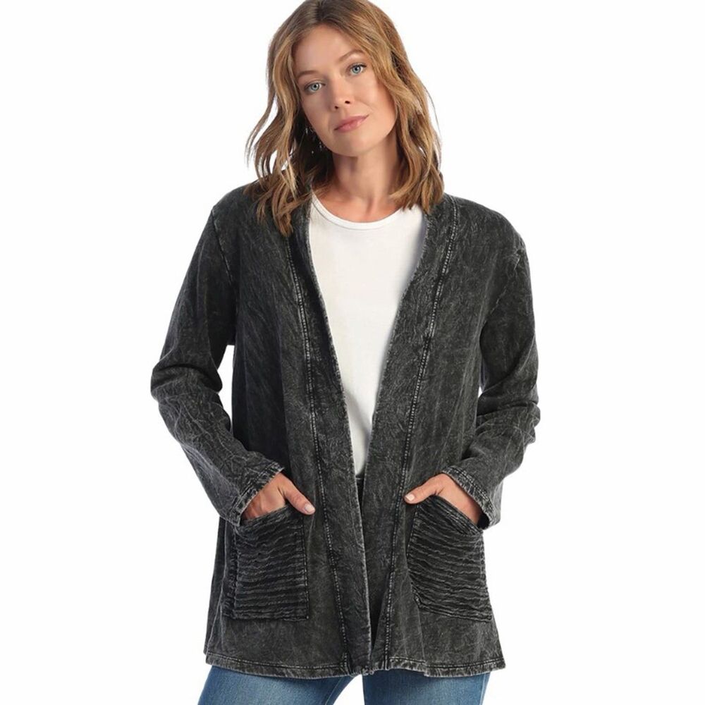 Jess & Jane Mineral Washed Fleece Cardigan Black Open Front Pockets USA Made